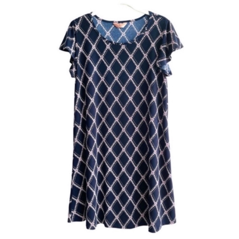 SJS Flutter Sleeve Flowing Shift Dress Floral Lattice Print Navy Blue Size MP